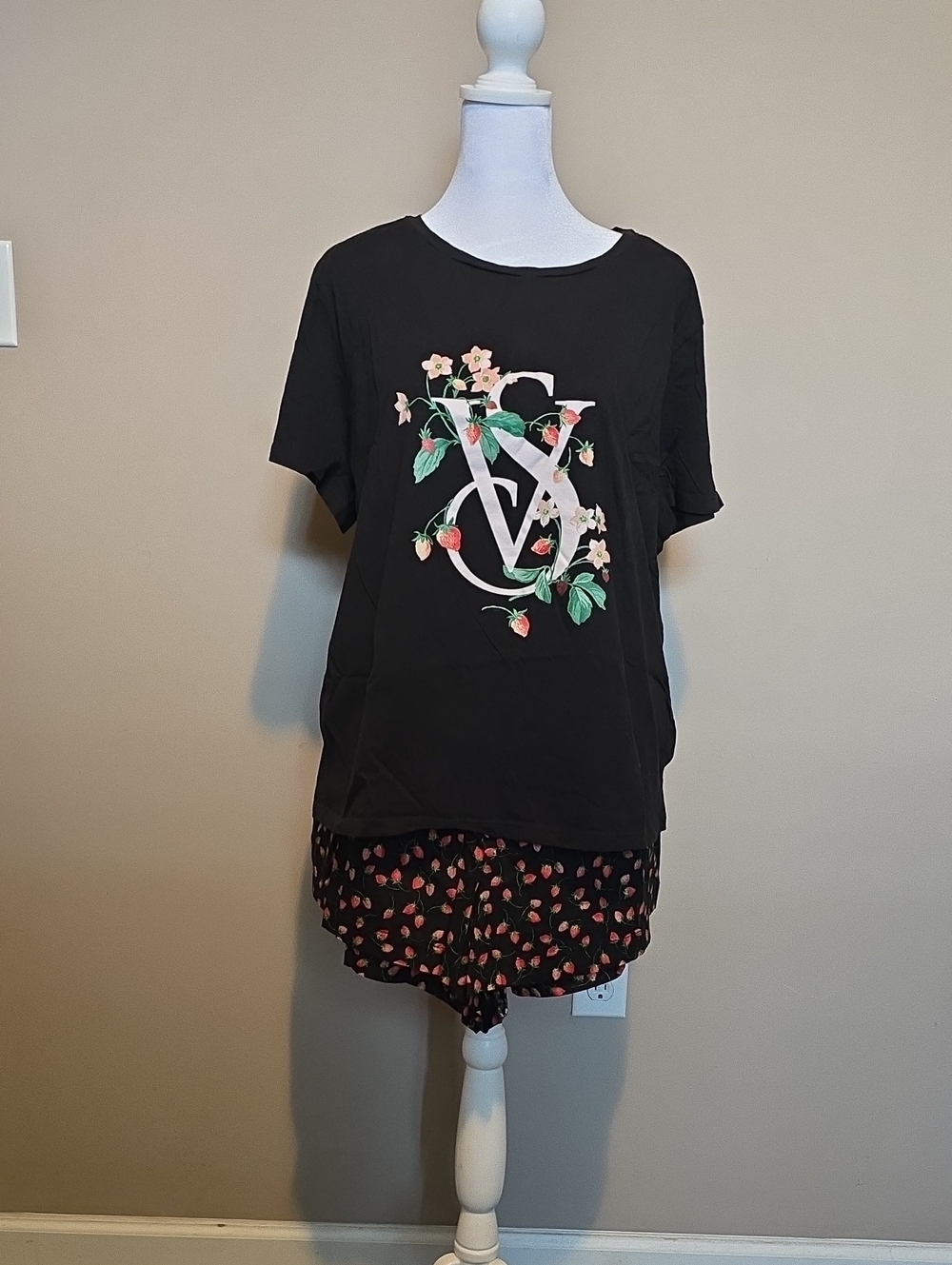 Victoria's Secret Black Pajamas with Floral Strawberry Logo